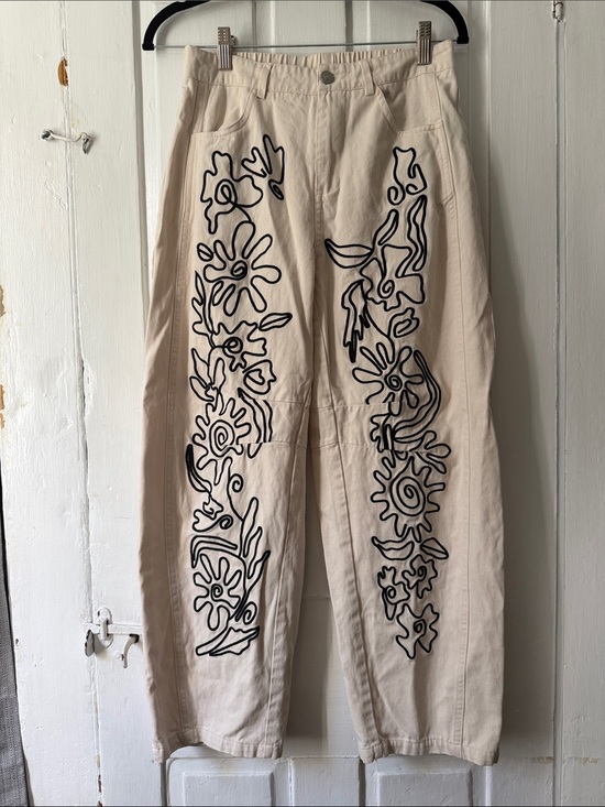 Pants - Cream Barrel Leg Pants with Black Floral Embroidery